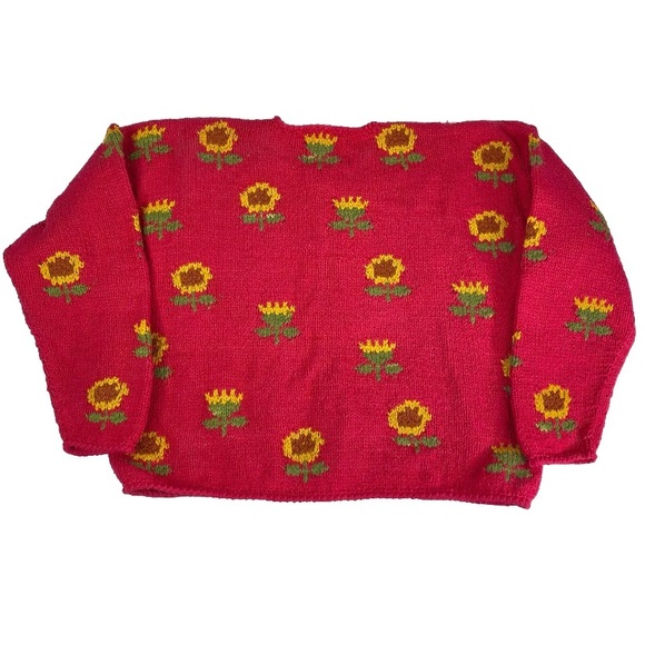 Vintage Amano Cotton Pink Sunflower Cardigan Hand Knit Sweater Women’s One Size - Picture 2 of 10